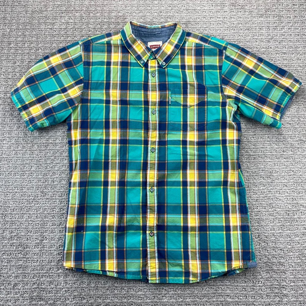 Levi's Shirt Boys Extra Large XL 13-15 Years Green Yellow Blue Plaid Button Up